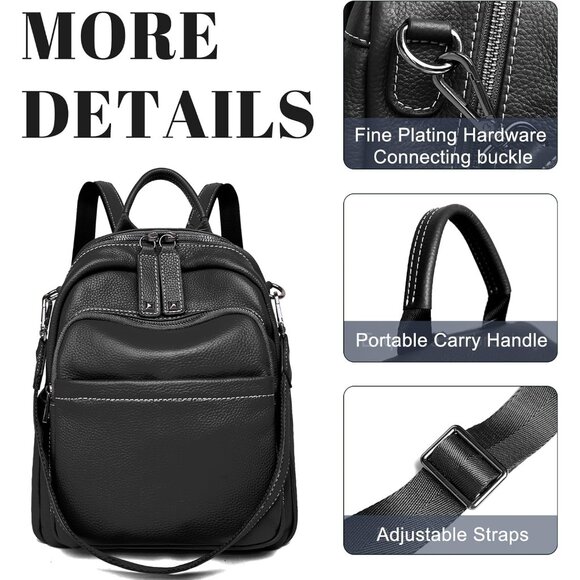 Elegant Genuine Leather Backpack Purse - Anti-Theft Convertible Style, Black - Picture 3 of 6